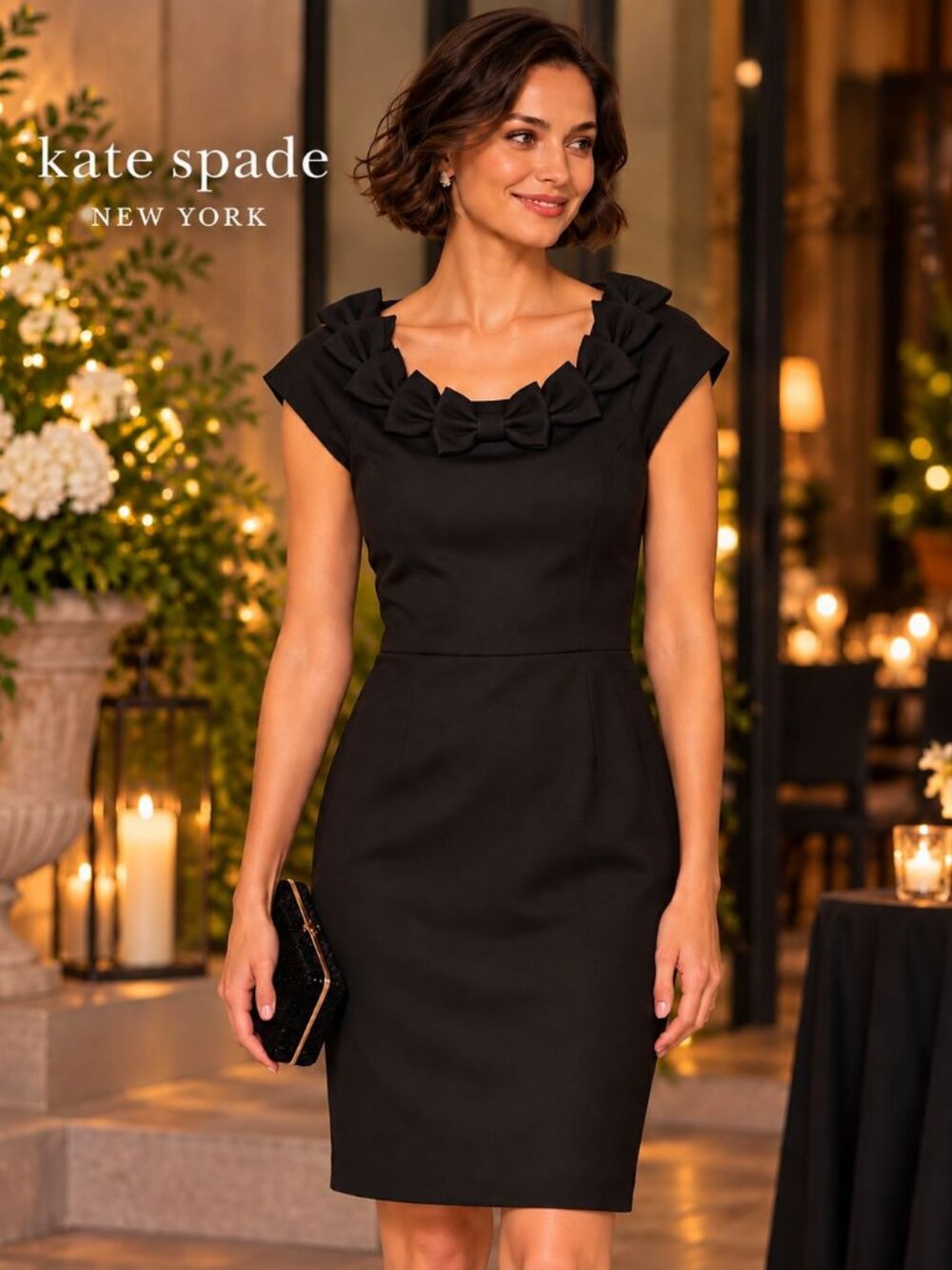 Kate Spade New York Black Bow Neck Sheath Dress Size 4 Wool Blend Cocktail
